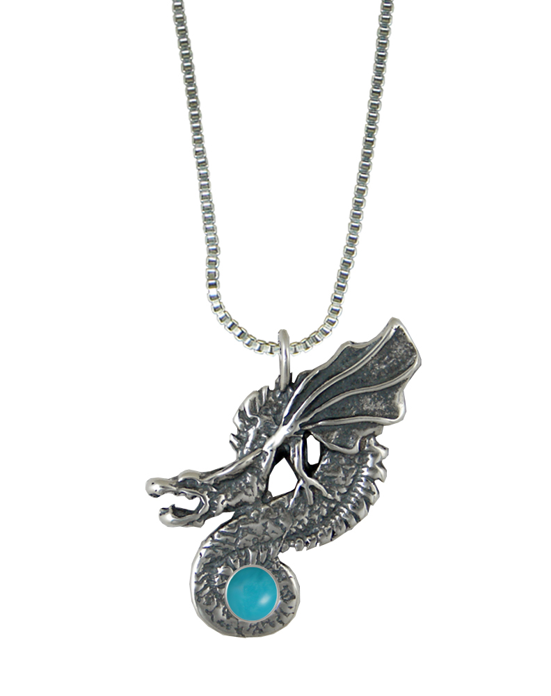 Sterling Silver Wyvern Dragon Pendant With Turquoise